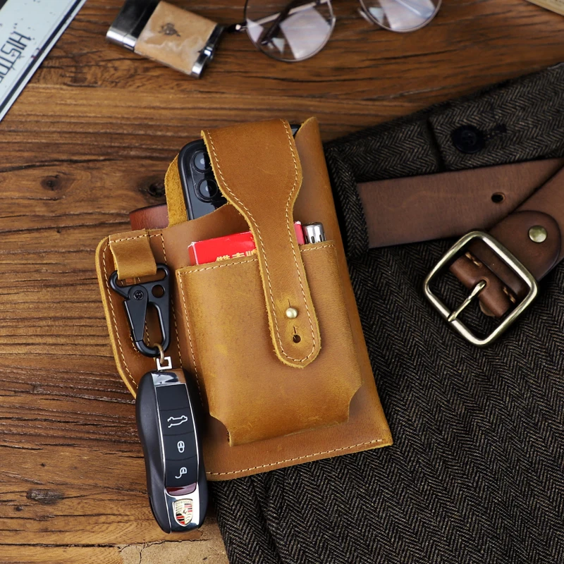 

100% Genuine Leather Men Phone Holster Case For Iphone 11 Pro Max Portable Keys Storage Belt Waist Bag Organizer Pocket