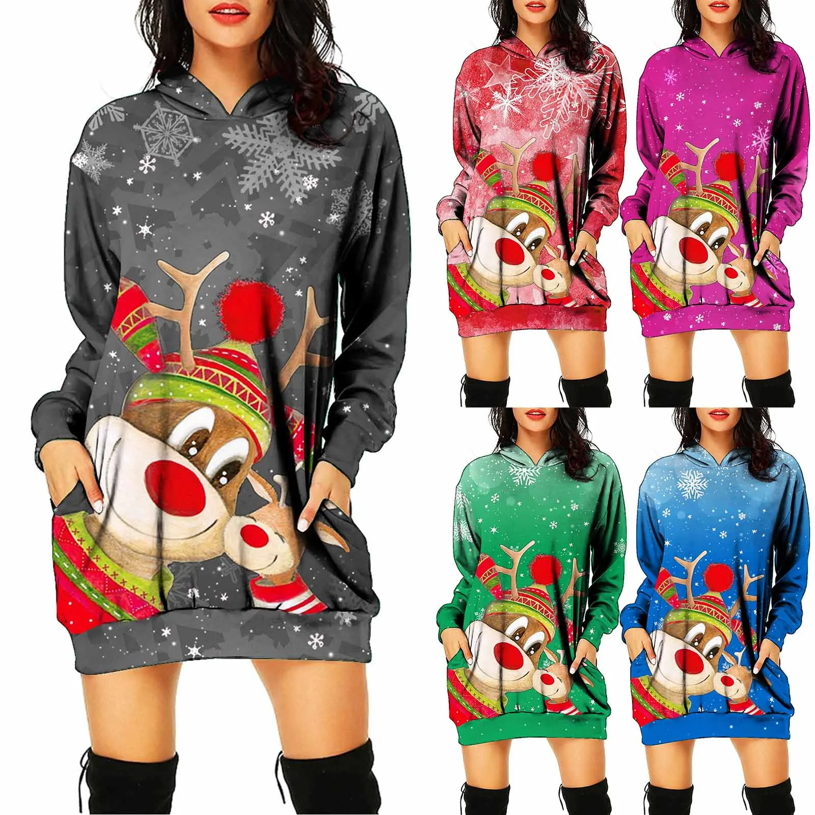 

Womens Long Sleeve Hooded Sweater Dress Christmas Print Casual Pocket Loose Dress Comfy Dress for Women