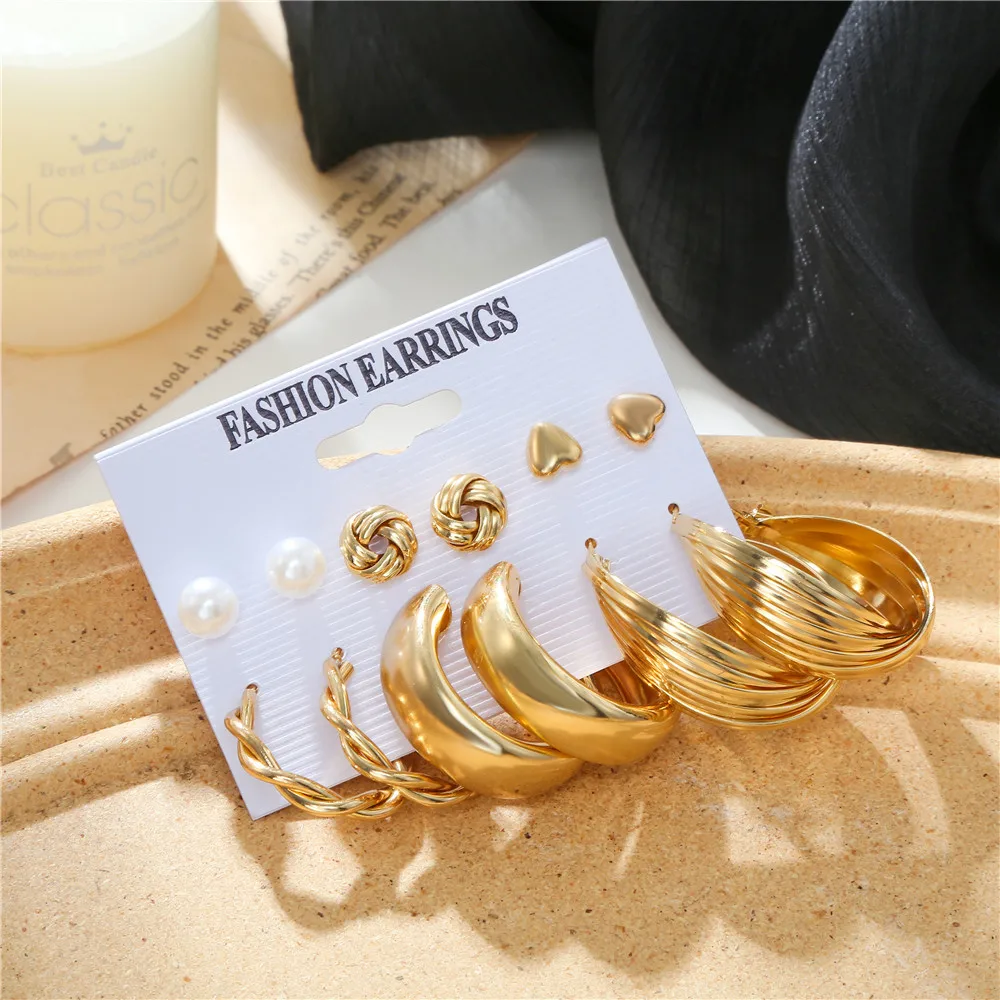 

Punk Gold Color Earrings for Women Personality Creative Metal Elements Geometric Pearl Hoop Earrings Set Fashion Jewelry