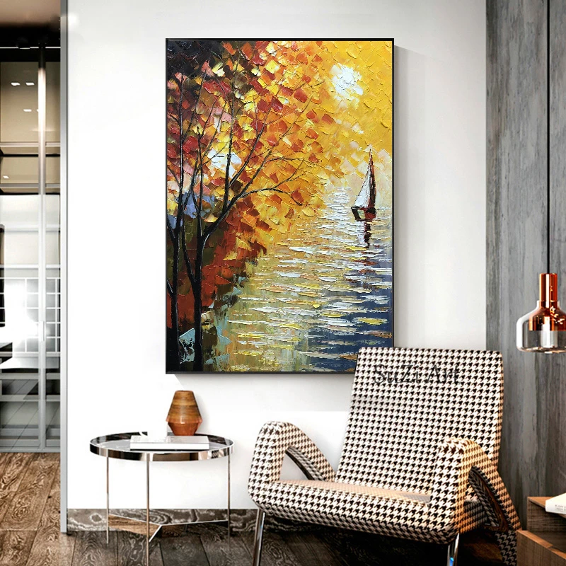 

100% Handmade Oil Painting Riverside Boat Landscape Hanging On Canvas Decoration Picture Living Room Poster Wall Art Unframe