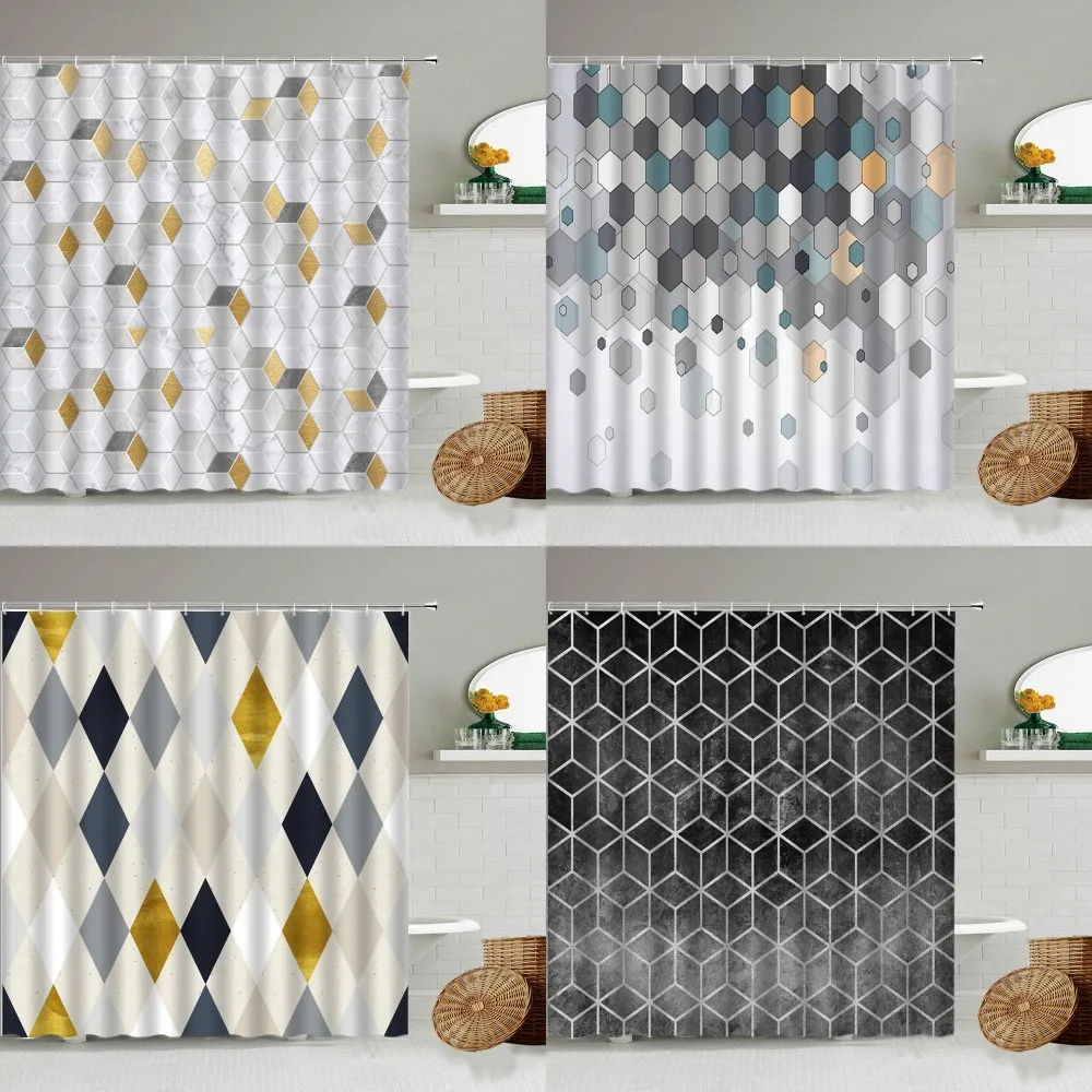 

3D geometric marble printing bathroom shower curtain polyester waterproof home decoration bathroom curtain with hook
