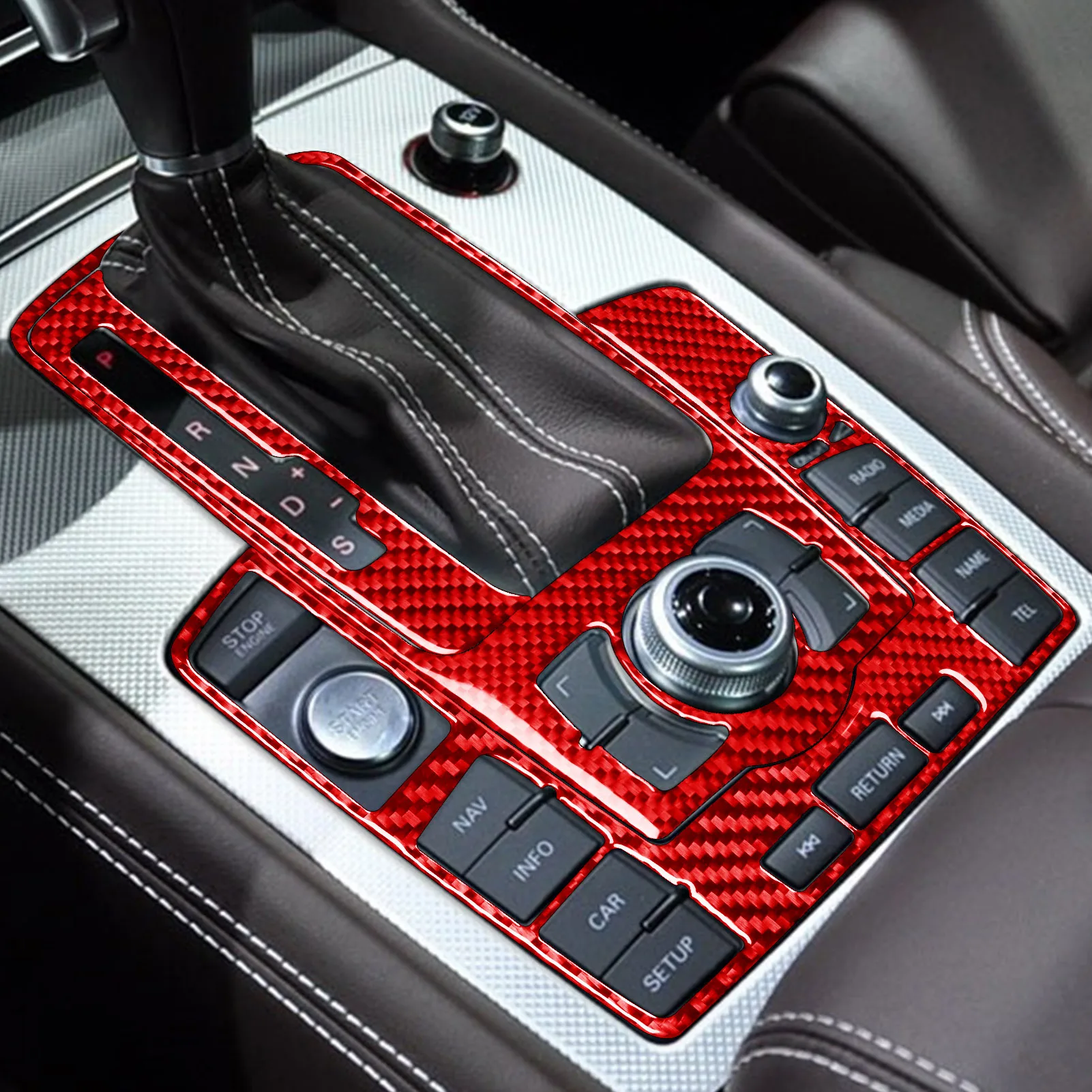 Фото Для Audi Q7 4L 2007-2015 красная наклейка из углеродного волокна, кнопка подъема окна переключения передач, рамка, панель автомобиля внутри, декоративные аксессуары №3
