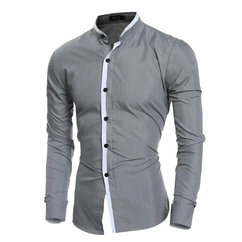 Men's Fashion Stand Collar Casual Slim Fit Long Sleeve Dress Shirt Contrast Inner Button Down Shirt stand collar raglan sleeve button design t shirt