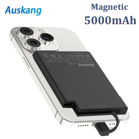 Ультратонкое магнитное портативное зарядное устройство со встроенным кабелем USB-C Power Bank 5000 мАч для Magsafe iPhone Samsung Xiaomi Wired Small