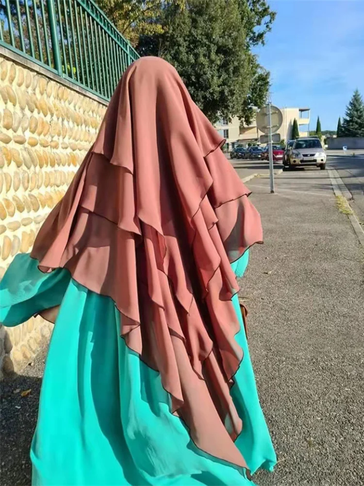 Muslim Women Prayer Hijab Cover Abaya Niqab Islamic  Three Layers Long Khimar Chiffon Hijab Jilbab Ramadan Arabic Middle East