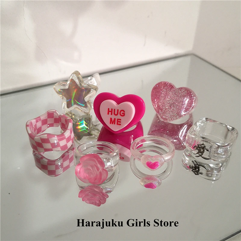 Kpop Cute Goth Pink Transparent Flower Heart Star Resin Acrylic Rings Set For Women Egirl BFF Y2K Aesthetic Jewelry Accessories