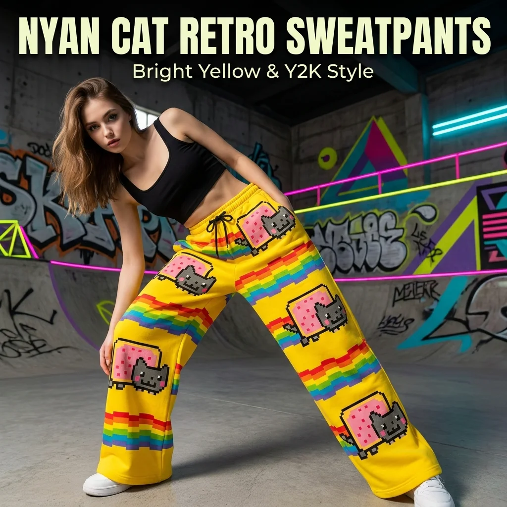 Фото Желтые спортивные брюки Nyan Cat в стиле Y2K, свободные женские брюки с эластичным поясом, уличная одежда в американском винтажном стиле, повседневные джоггеры, женская одежда №1