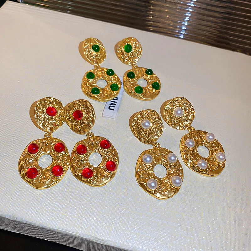 

Luxuries Irregular Gold Circle Drop Earring Inlaid Pearl Round Dangle Earrings For Women Vintage Jewelry Accessories