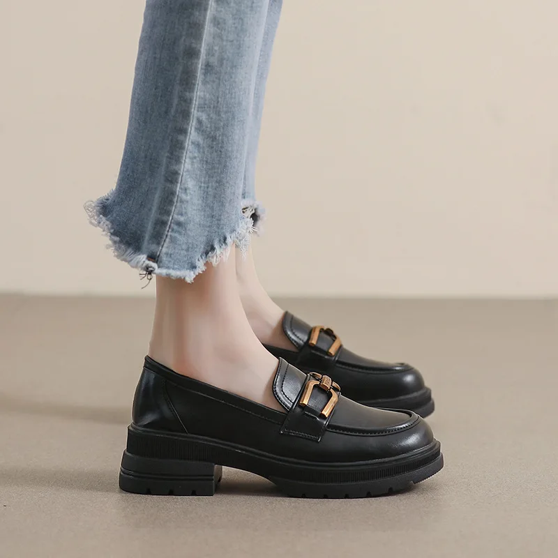 Chunky Loafers Women Microfiber Leather Platform Shoes Round Toe Metal Chain Slip on Ladies 5cm Flats