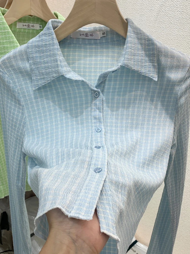 

Женская клетчатая рубашка с отложным воротником и длинным рукавом, Повседневная однобортная приталенная блузка в простом стиле, топы для весны 2023