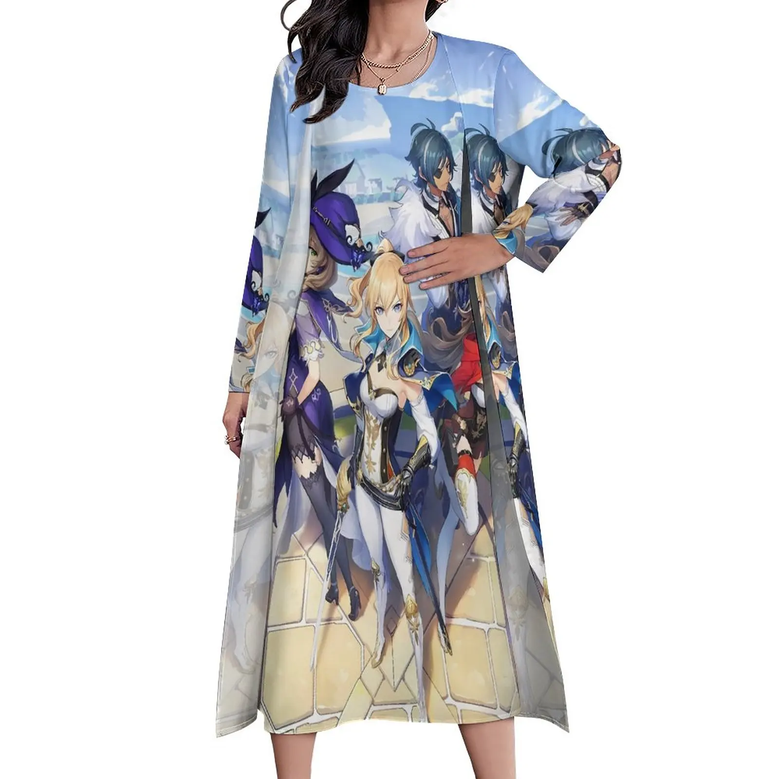 

Платье-макси с аниме принтом Game Genshin, винтажное длинное платье из двух частей в богемном стиле на заказ, Одежда большого размера в уличном стиле