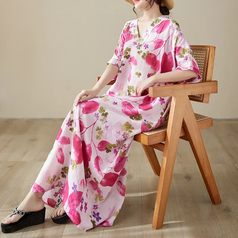 Женское платье из хлопка и льна свободное винтажное пляжное с длинным рукавом