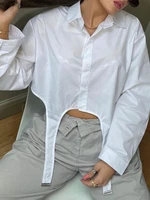 weiyao white solid irregular hem casual crop shirts women korean fashion button up long sleeve cardigan tops spring autumn