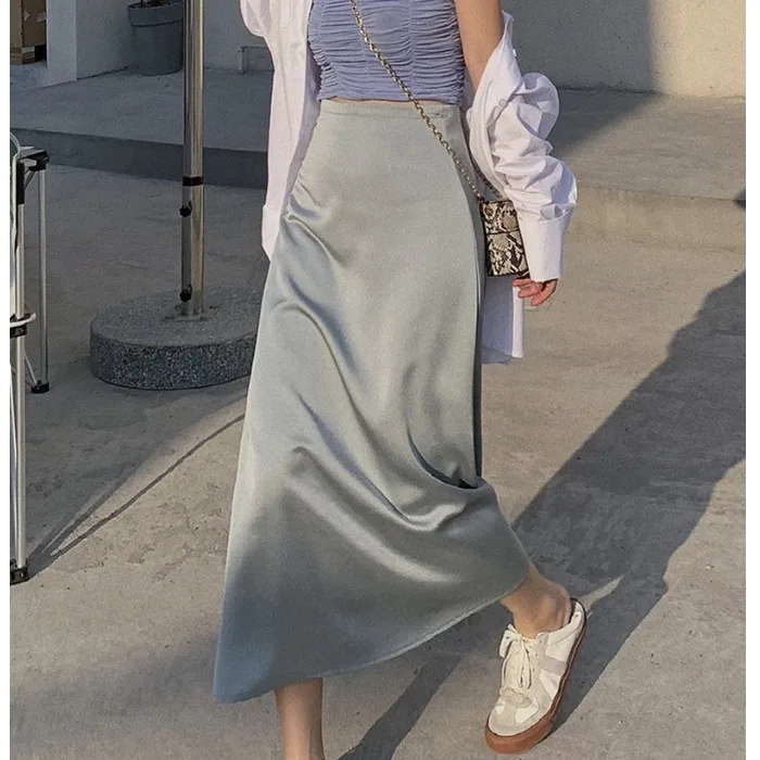 

Women's Summer Fashion Retro Vintage French Style Office Lady Solid Color A Line Mid-calf Long Midi A Line Satin Skirt