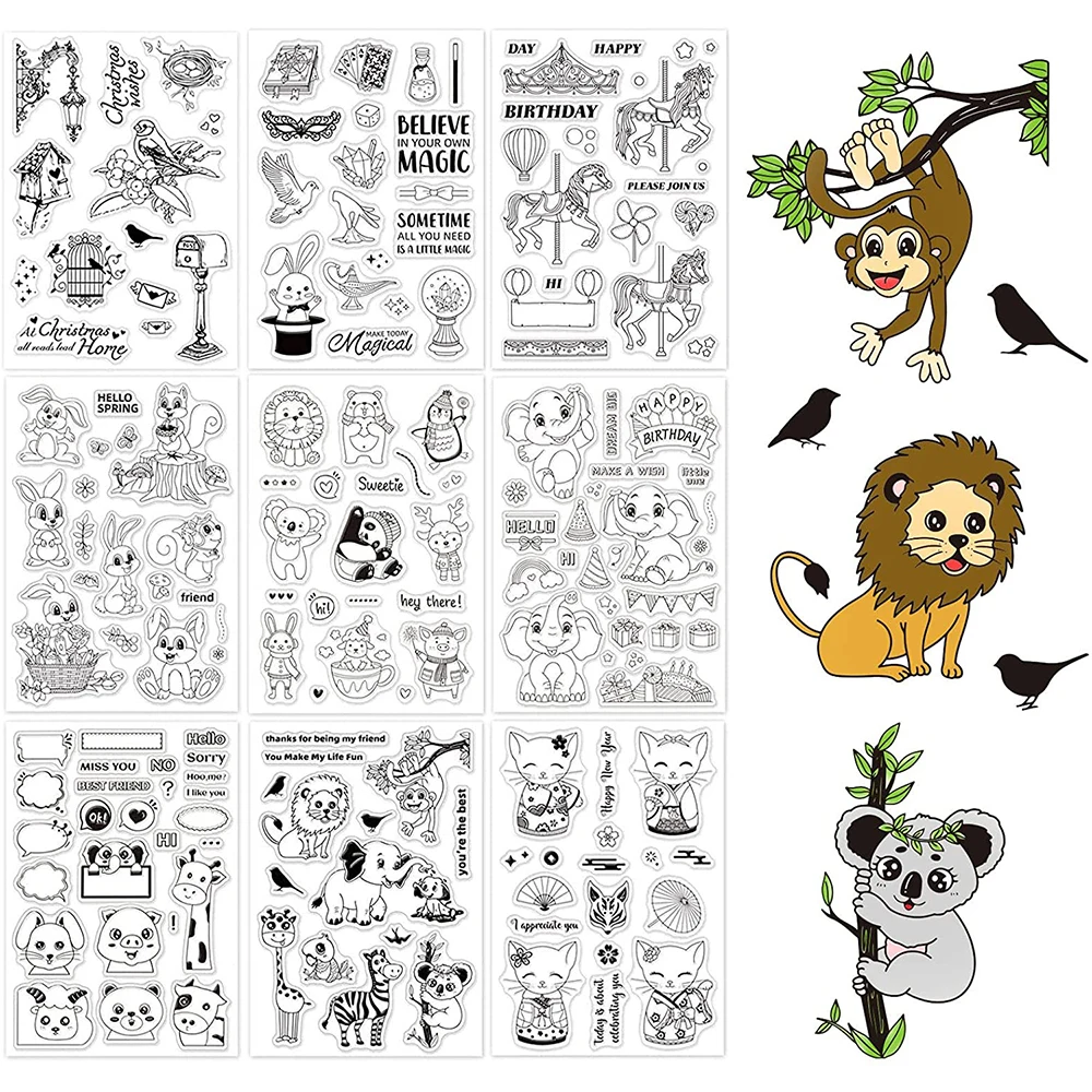 

9Pcs Animal Clear Stamps Transparent Silicone Stamp Bird Panda Rabbit Elephant Lion for Card Making Decoration and DIY Scrapbook