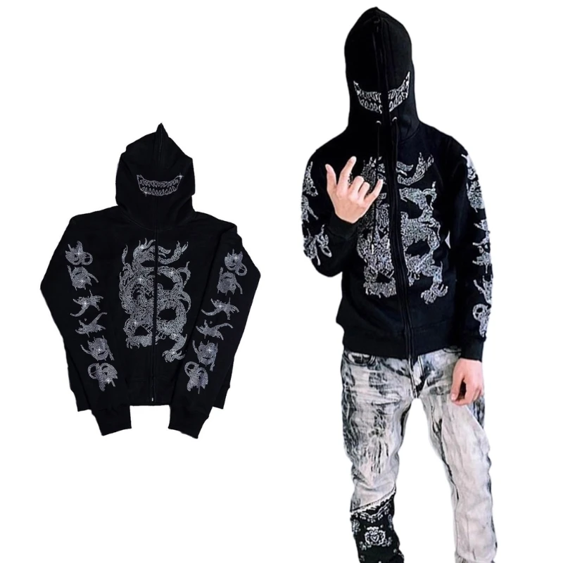 

Women Gothic Punk Oversized Zip Hoodie Jackets Rhinestones Dragons Sweatshirt