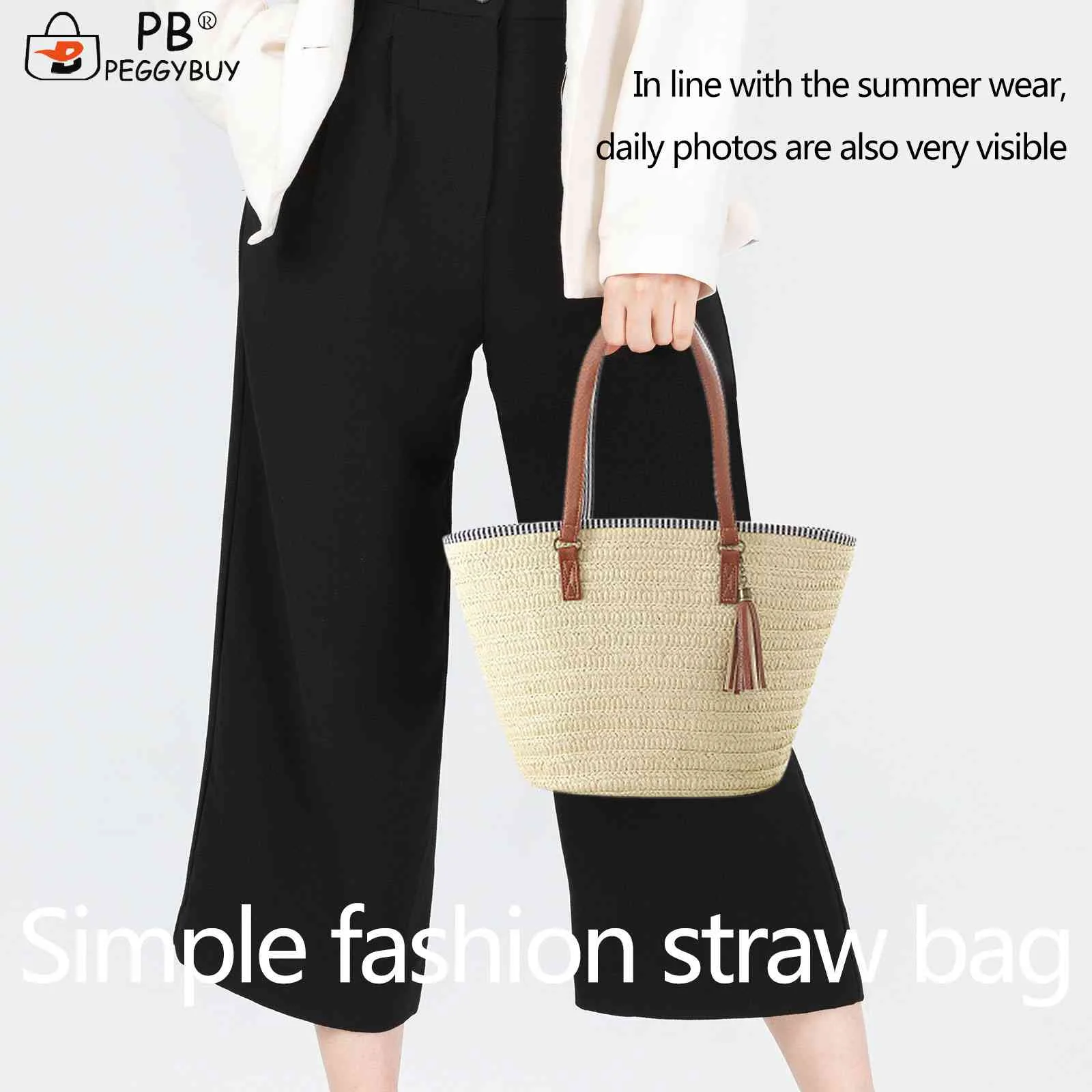 

Соломенная женская сумка-мешок с верхними ручками, плетеный тоут с кисточками, повседневный дорожный саквояж на плечо для покупок для девуш...