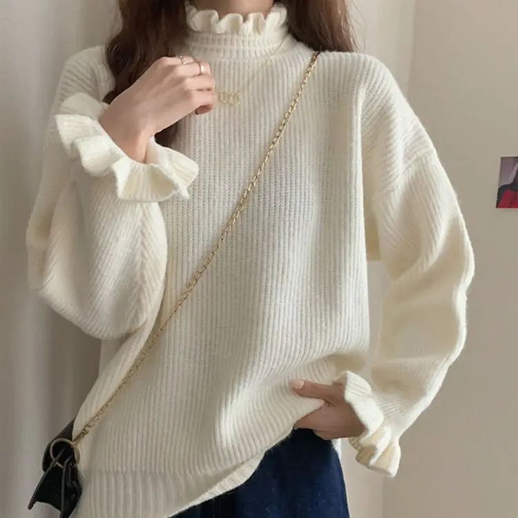 

Женский свитер с длинным рукавом, элегантный однотонный базовый пуловер с оборками на воротнике и рукавами-фонариками, джемпер