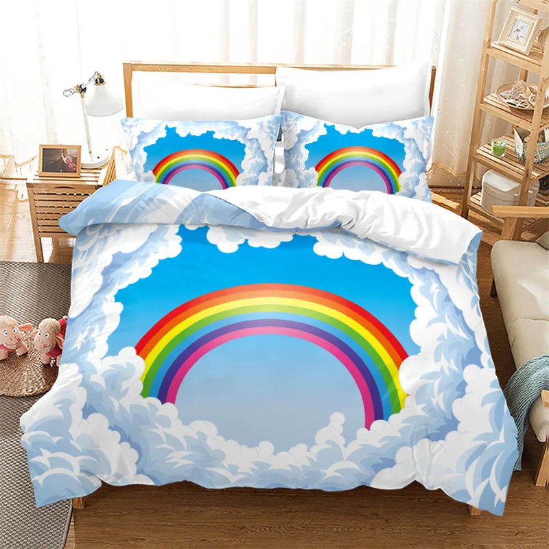 

Cartoon Rainbow Duvet Cover Cute Stars Clouds Bedding Set For Kids Girls Kawaii Room Decor Colorful Starry Sky Comforter Cover