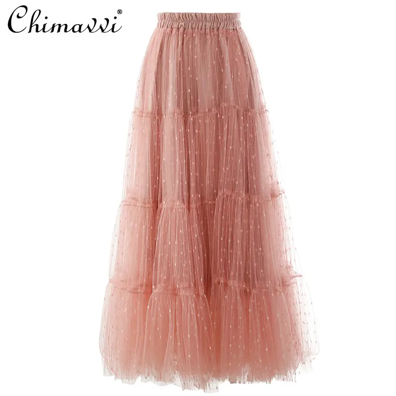 2023 New Fashion High Waist Fairy Solid Color Stitching Cake Skirts Women Dot Mesh Slim Temperament Bubble Skirts All-match