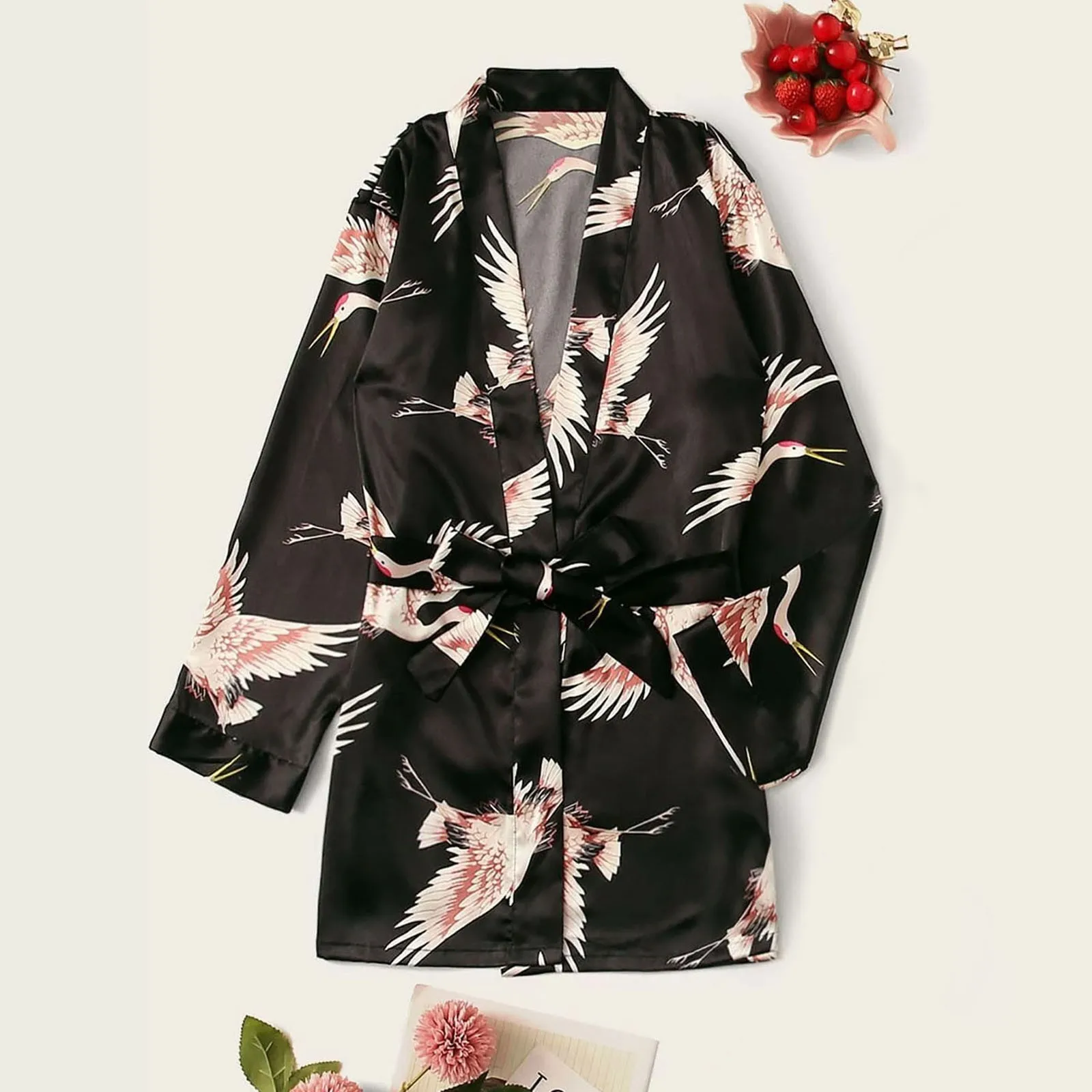 

Женская атласная шелковая ночная рубашка в китайском стиле с рисунком журавлей женская ночная рубашка Нижнее белье Пижама пикантная Ночная рубашка на шнуровке