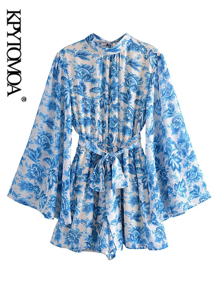 

KPYTOMOA Women Fashion With Belt Floral Print Playsuits Vintage Kimono Sleeves Backless Bow Tied Female Jumpsuits Mujer