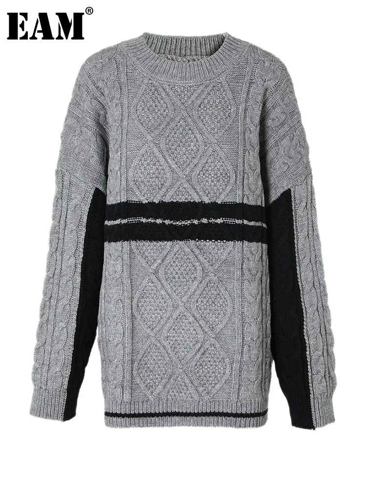 

[EAM] Gray Striped Big Size Knitting Sweater Round Neck Long Sleeve Women Pullovers New Fashion Tide Autumn Winter 2023 1DF3150