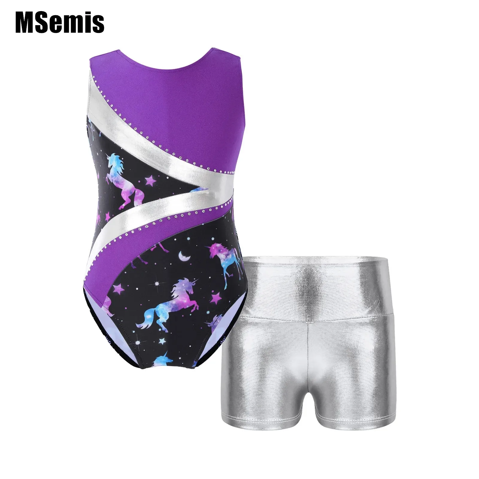 

Kid Girls Shiny Rhinestones Patchwork Leotard Jumpsuit Sleeveless with Metallic High Waist Shorts for Dance Performance