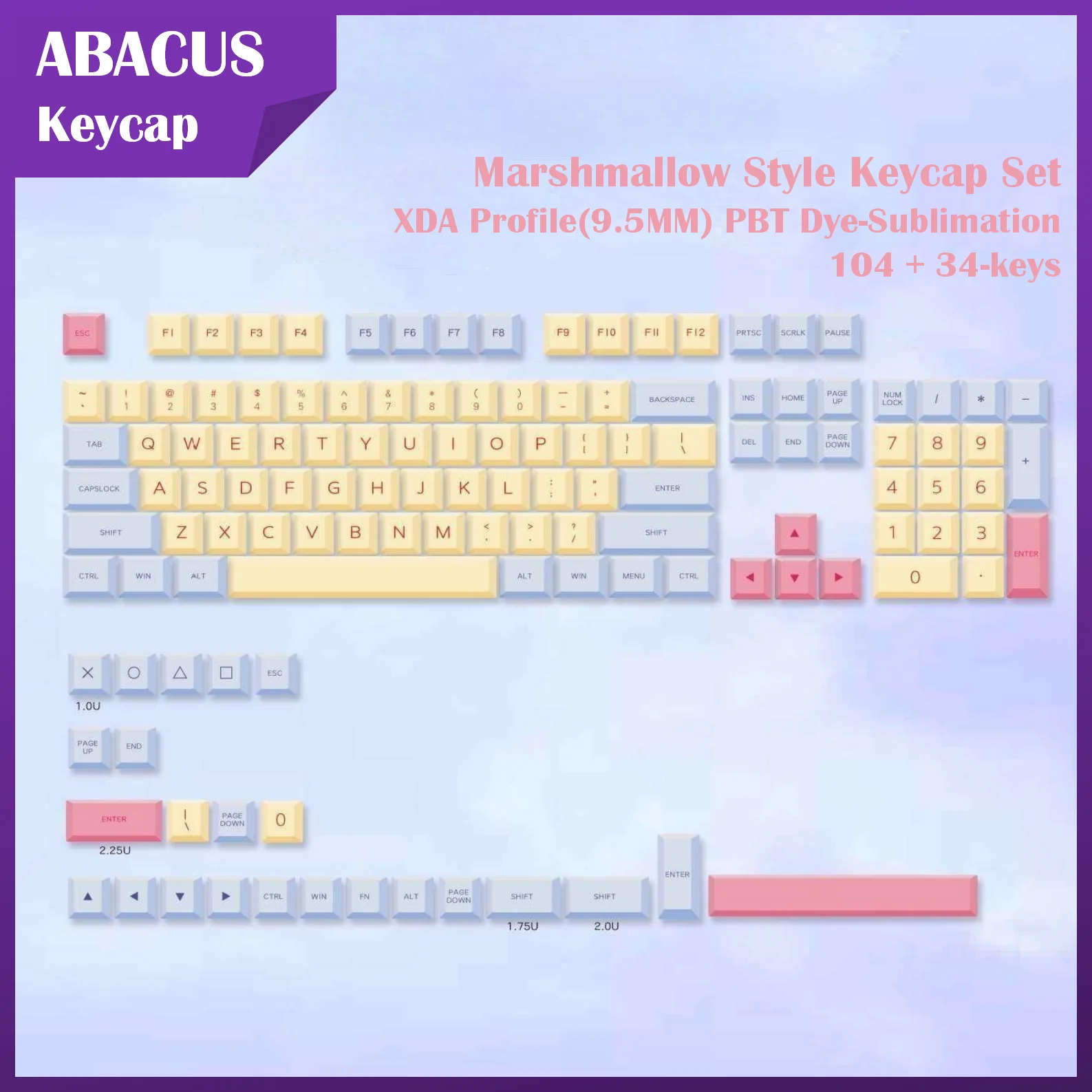 

Кепки для клавиш Marshmallow XDA Profile 9,5 мм, Набор колпачков для клавиш 104 + 34 клавиши PBT, колпачки для клавиш с сублимационной печатью, механические а...