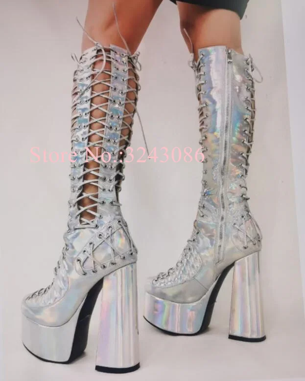 

Ажурные блестящие Серебристые розовые зеркальные модные сандалии на массивной платформе со шнуровкой новейшая женская обувь для банкета