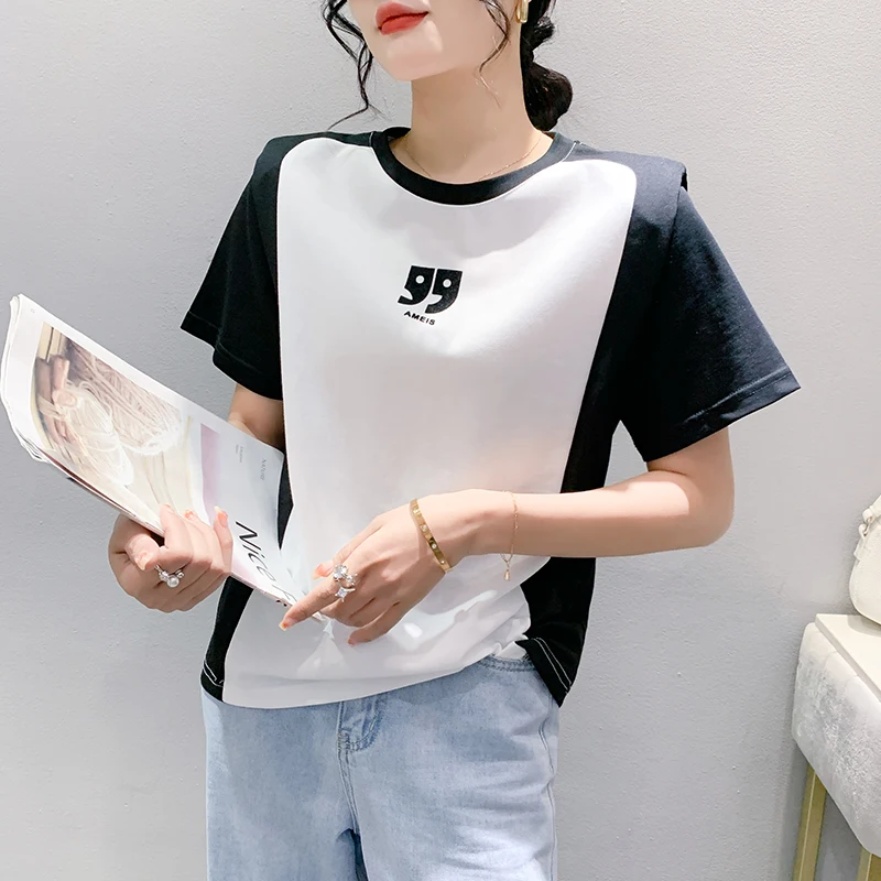

2023 New Summer European Clothes Loose Cotton T-Shirt Women Chic Sexy O-Neck Patchwork Print Letter Tops Short Sleeve Tees 35232