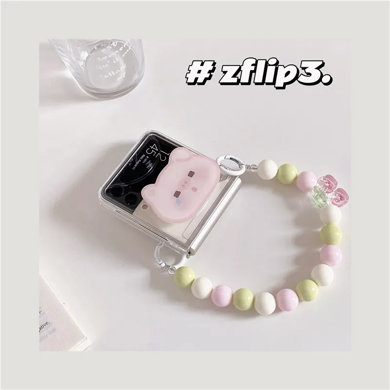 

For Samsung ZFlip3 Cover Phone Case for Samsung ZFlip 3 F7110 Cute Cartoon Pig Holder with Candy Lanyard for ZFlip3 Cases