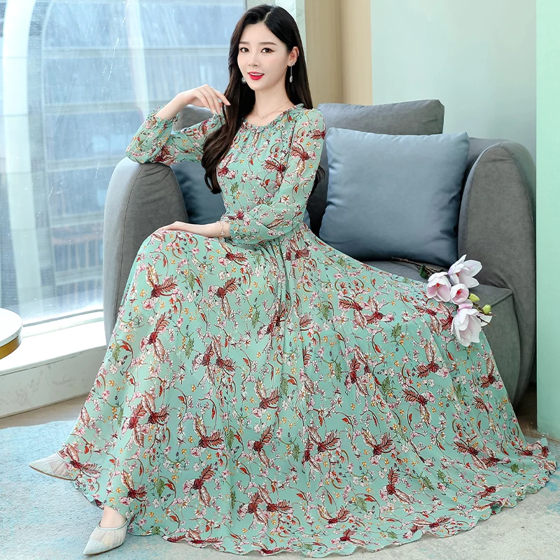 

Autumn Spring Two Layers Dresses Fashion Female Printed Floral Long Sleeve A-line Casual Dress Women Chiffon Dresses Plus Size