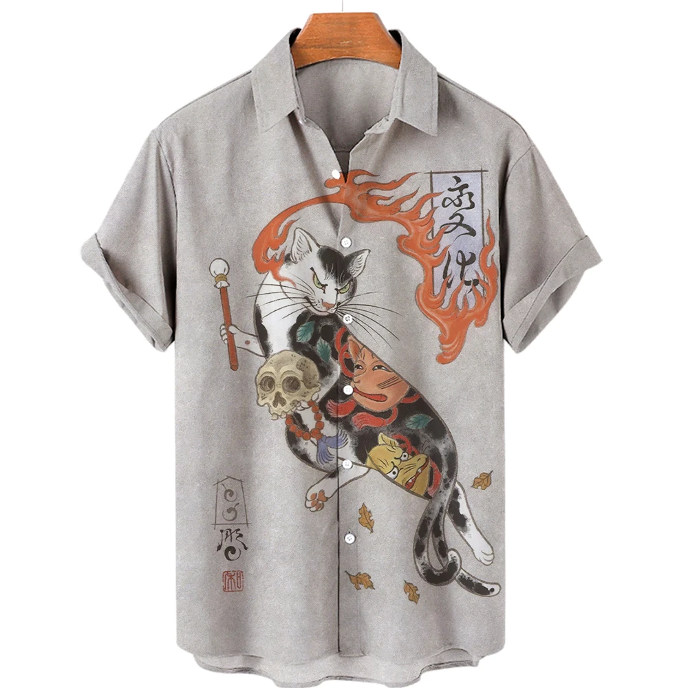 High Quality Hawaiian Shirt Men's Japanese Cat Lapel Short Sleeve Shirt 3D Button Plus Size Loose Beach Summer Shirt