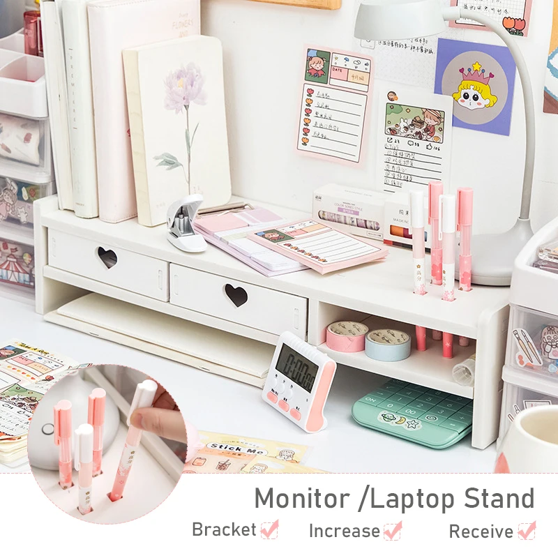 

Desktop Computer Monitor Increase Rack Office Laptop Stand Dormitory Bedroom PVC Wooden Table Shelf Desktop Storage