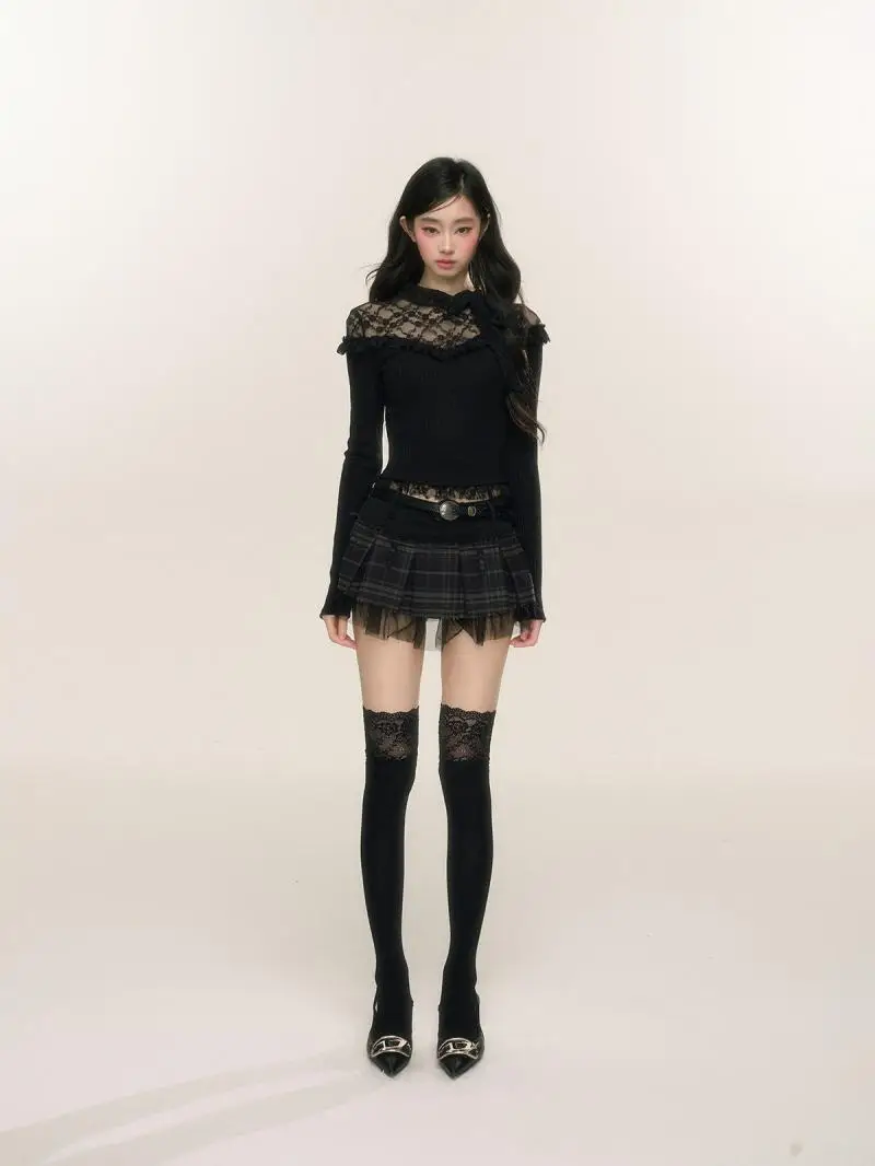 Черная рубашка Fungus Edge Sweet Spicy Splicing Base для женщин осень-зима новая блузка с длинными