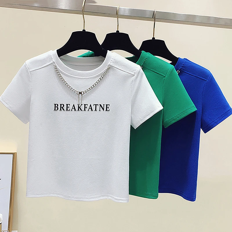 

Футболка женская хлопковая с круглым вырезом и кулоном, 2022