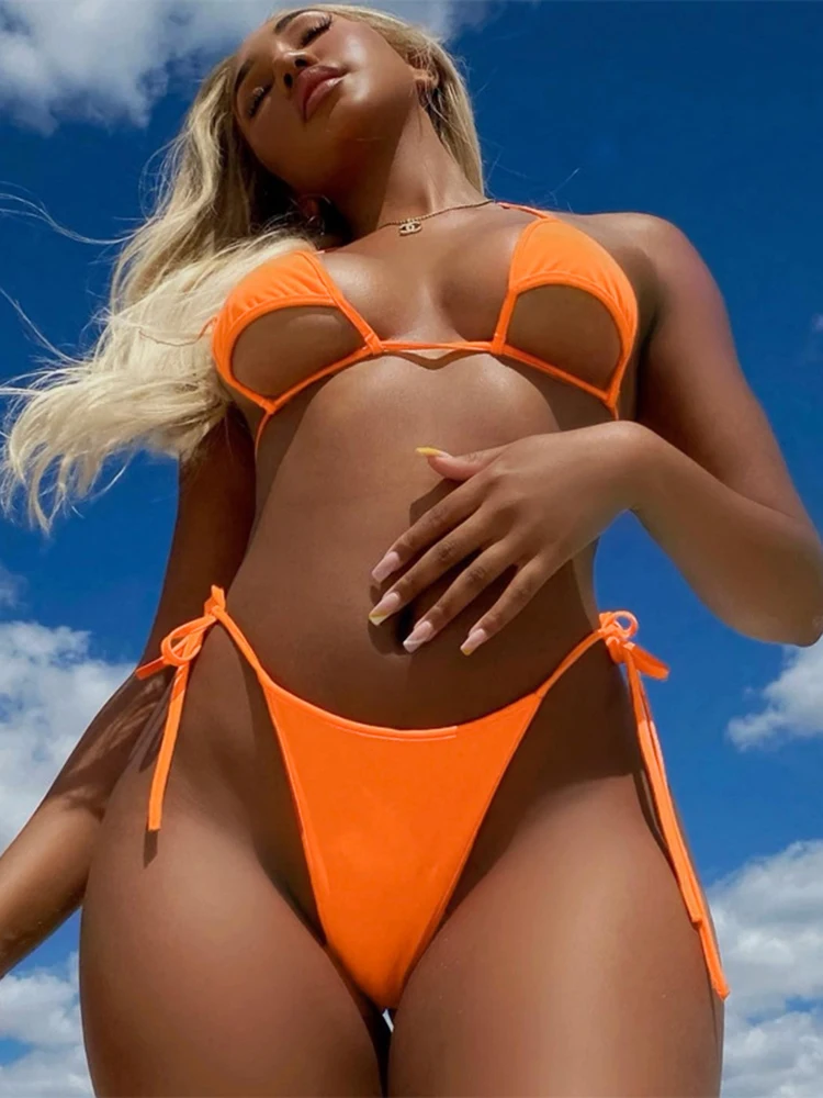 

Sexy Halter Cut Out Lace Up Bikini 2 Piece Set Women 2022 Summer Fashion Beach Holiday Outfits Swimsuit Beachwear Swimwear