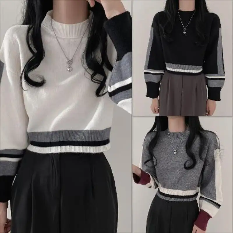 Короткий стильный женский свитер с цветными блоками Свободный вязаный пуловер