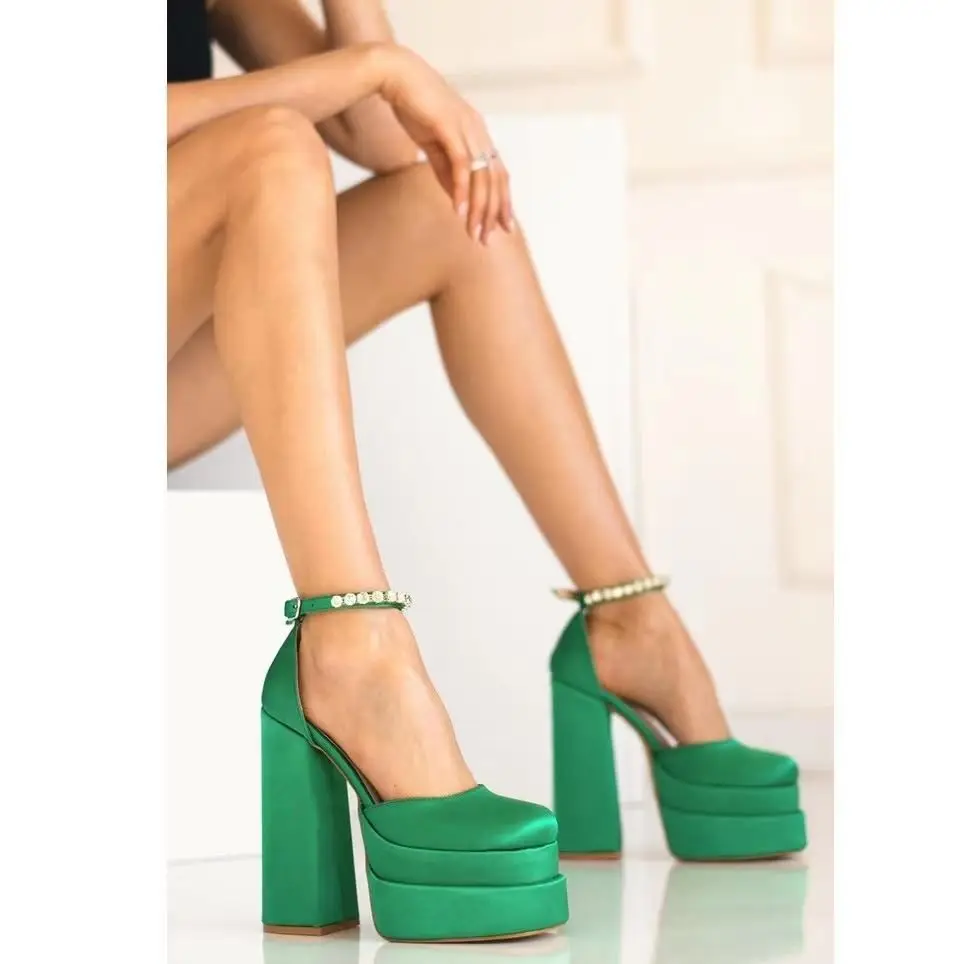 

2022 NEW Women Platform Pumps Satin Sandals Brand Sexy Chunky Silk High Shoes Wedding Brides Heels With Rhinestones
