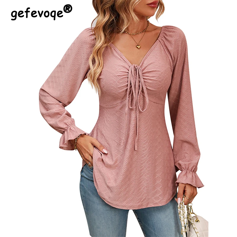 

Women's Clothing Sexy V Neck Ruched Lace Up Jacquard Elegant T-shirts Spring Autumn Fashion Female Solid Long Sleeve Slim Tops
