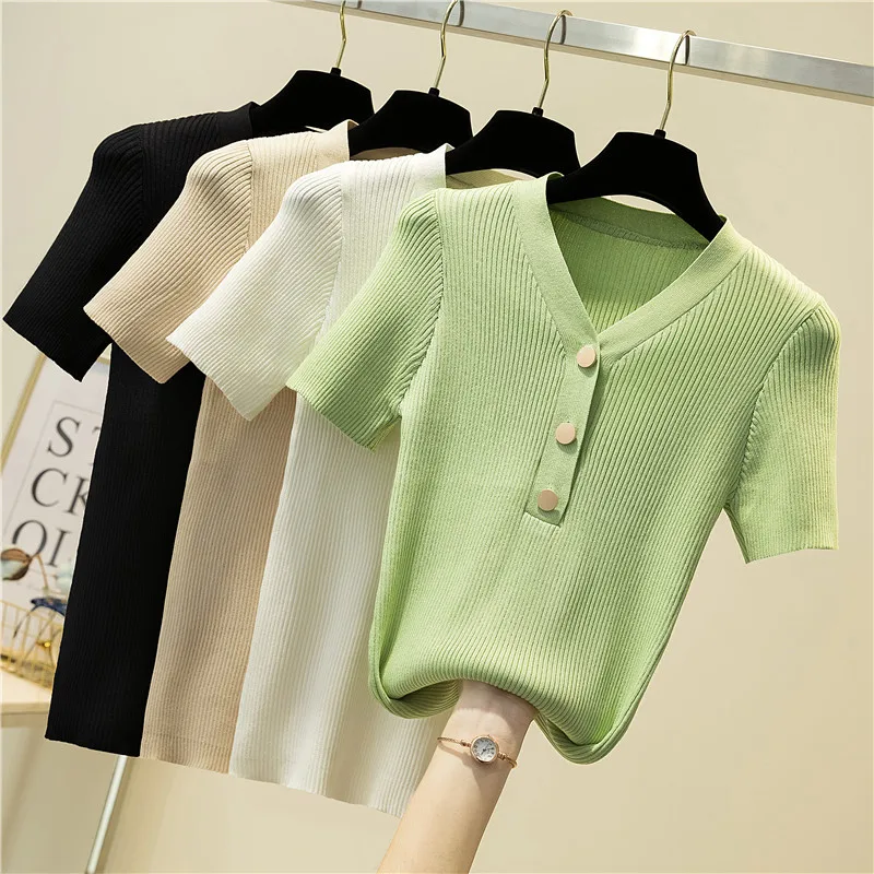 

Винтажные летние шикарные футболки, футболка в стиле Харадзюку, базовая женская уличная одежда, Женский офисный Топ на пуговицах с V-образны...