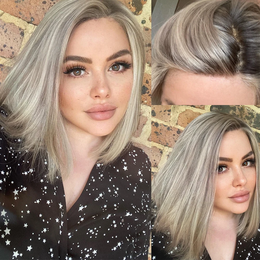 Ombre Lace Front Human Hair Wig Light Grey Highlight Wigs Ash Blonde Roots HD 13x4 Brazilian Virgin Hair Straight Bob Wig 150%