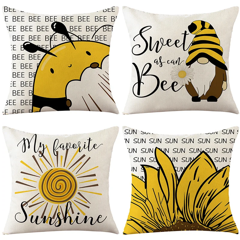 

2022 Cartoon Sunflower Pillow Cover Yellow Bee Printed Linen Home Cushion Cover Sofa Pillow Cover