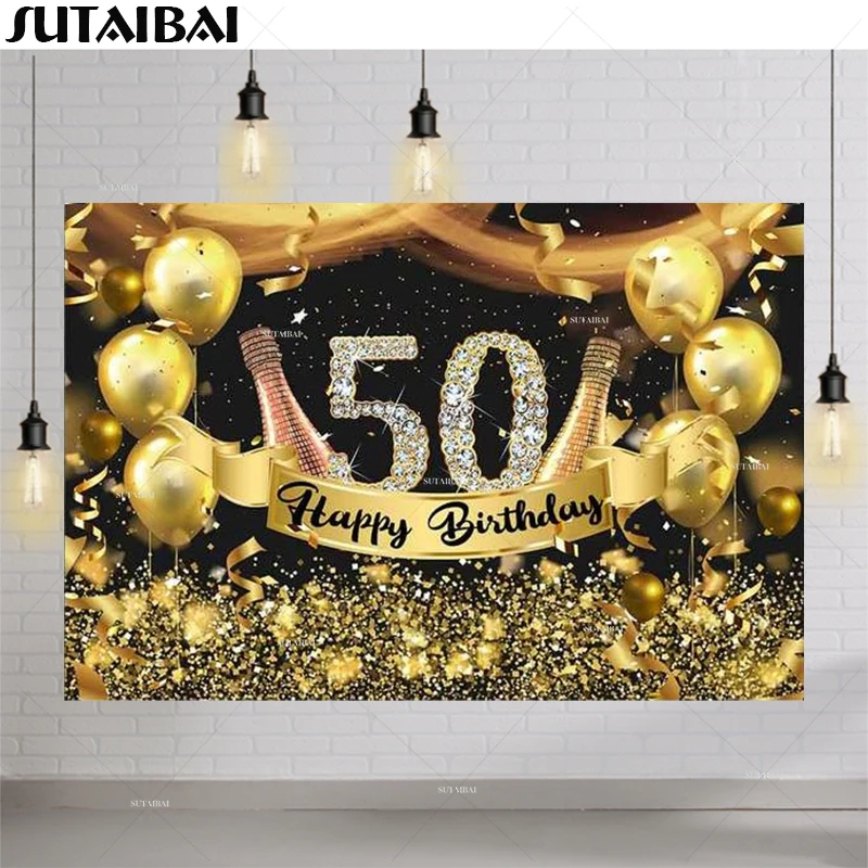 

50th Happy Birthday Backdrop Photography Banner Gold Sequins Glitter Balloons Champagne Birthday Celebrate Party Supplies Decor