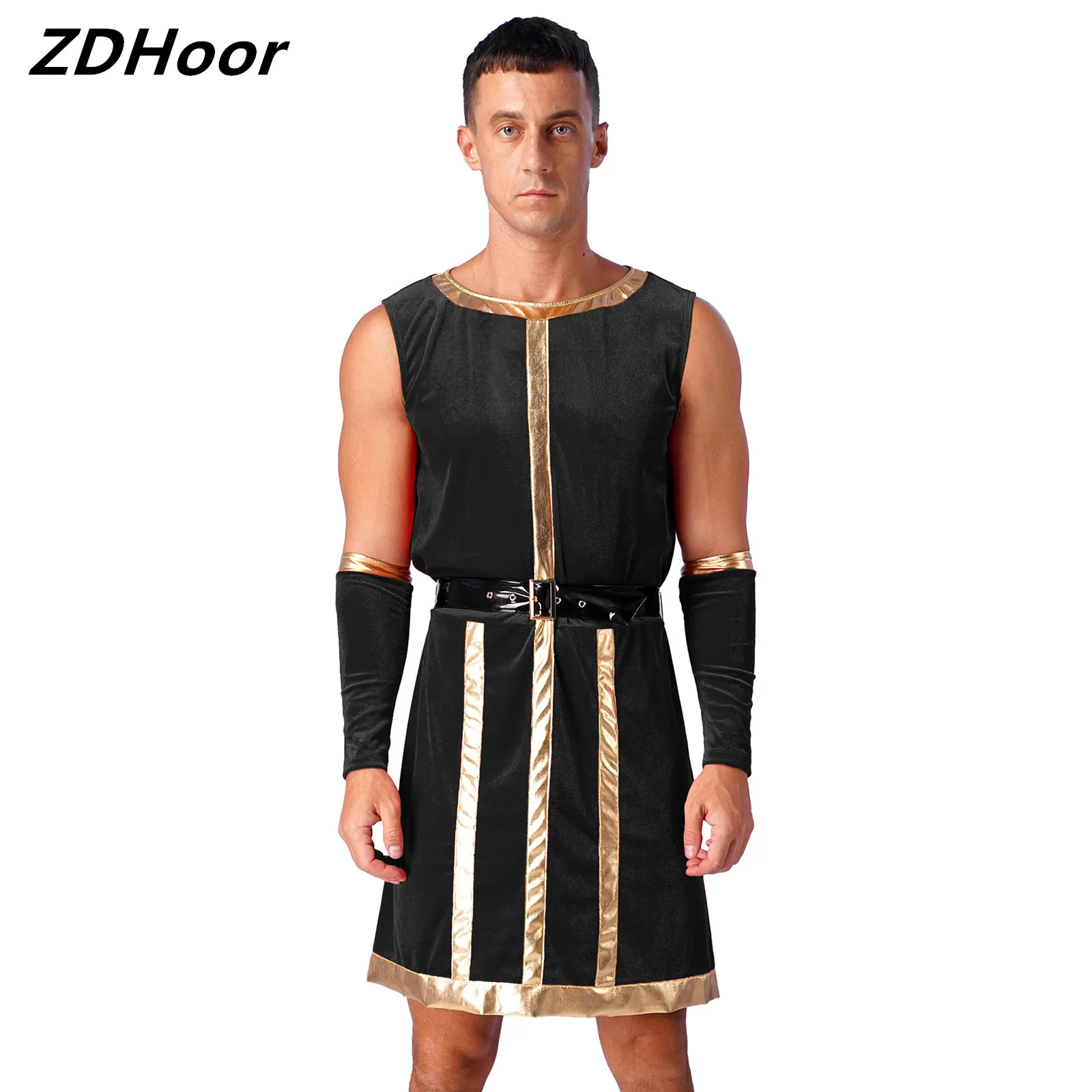 

Mens Medieval Renaissance Royal Guard Costumes Sleeveless Stripes Robe with Belt And Wristbands Halloween Cosplay Suit