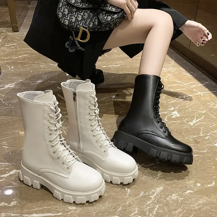 

Женские ботильоны из искусственной кожи Martens, белые мотоциклетные ботинки на платформе и массивном каблуке, Осень-зима