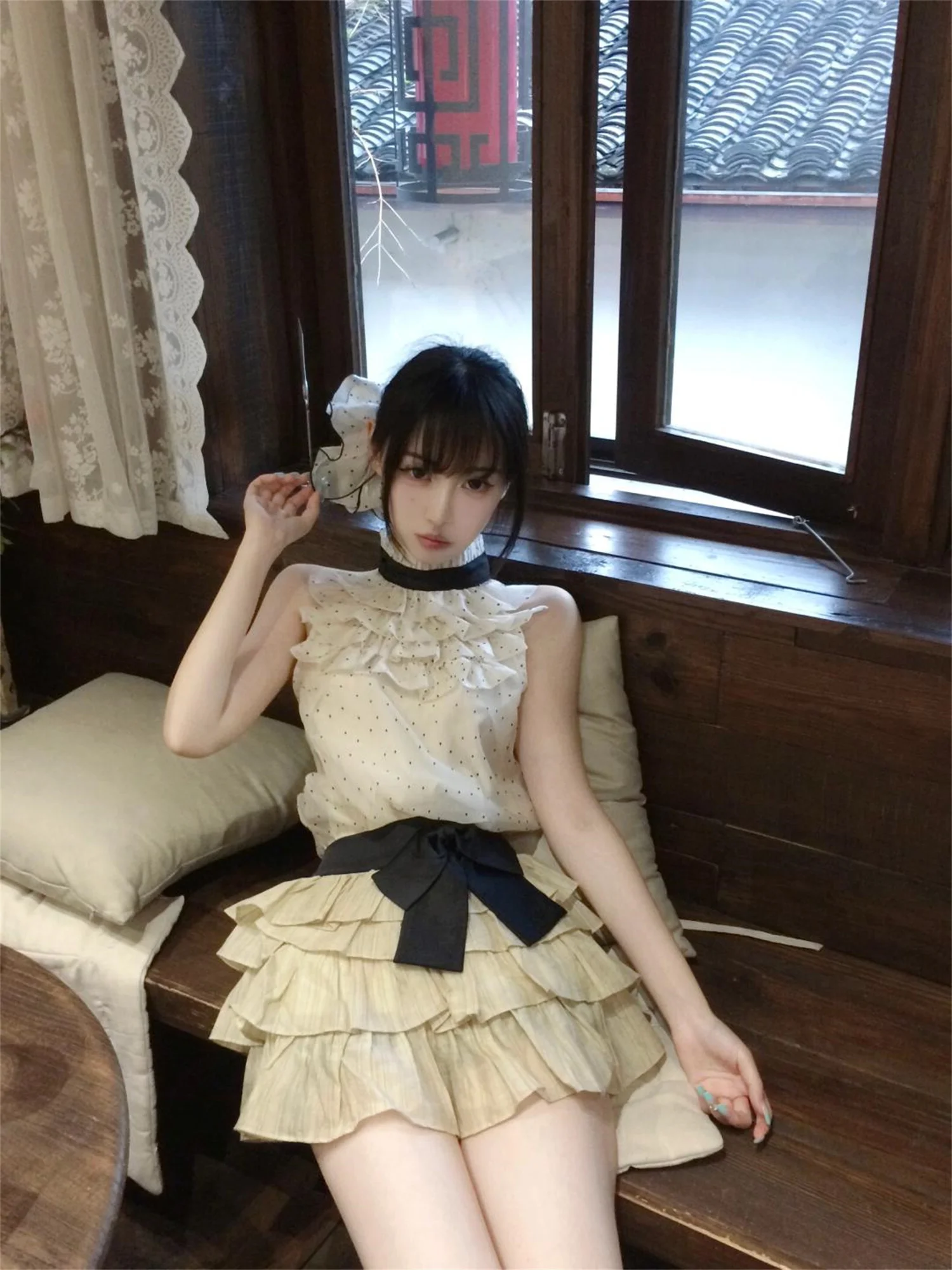 Uu Studio ванильный многослойный милый шифоновый топ в горошек без рукавов Женская