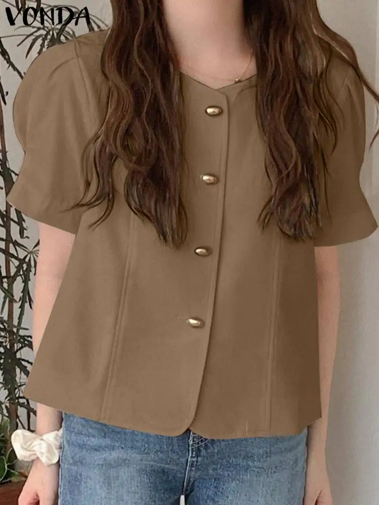 

VONDA 2023 Summer Women Elegant Shirts Fashion Blouse Short Sleeve Tops O-Neck Solid Color Casual Buttons Baggy Blusas Femininas
