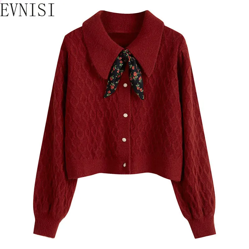 

Elliexi Winter Bow Knot Cardigans Sweater For Women Autumn Ribbed Long Sleeve Button Up Knitted Sweater Female Crop Elegant Top
